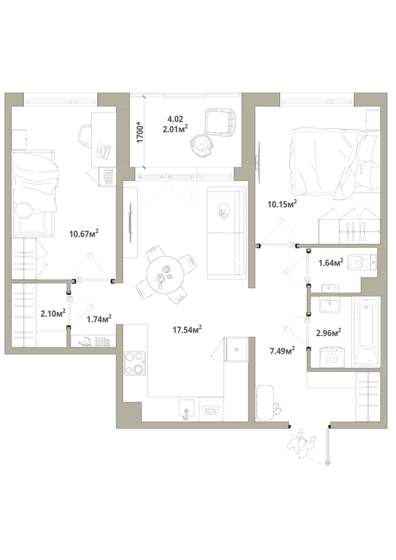 3-комнатная (Евро) квартира, 56.3 м² в ЖК "Тишин" - планировка, фото №1