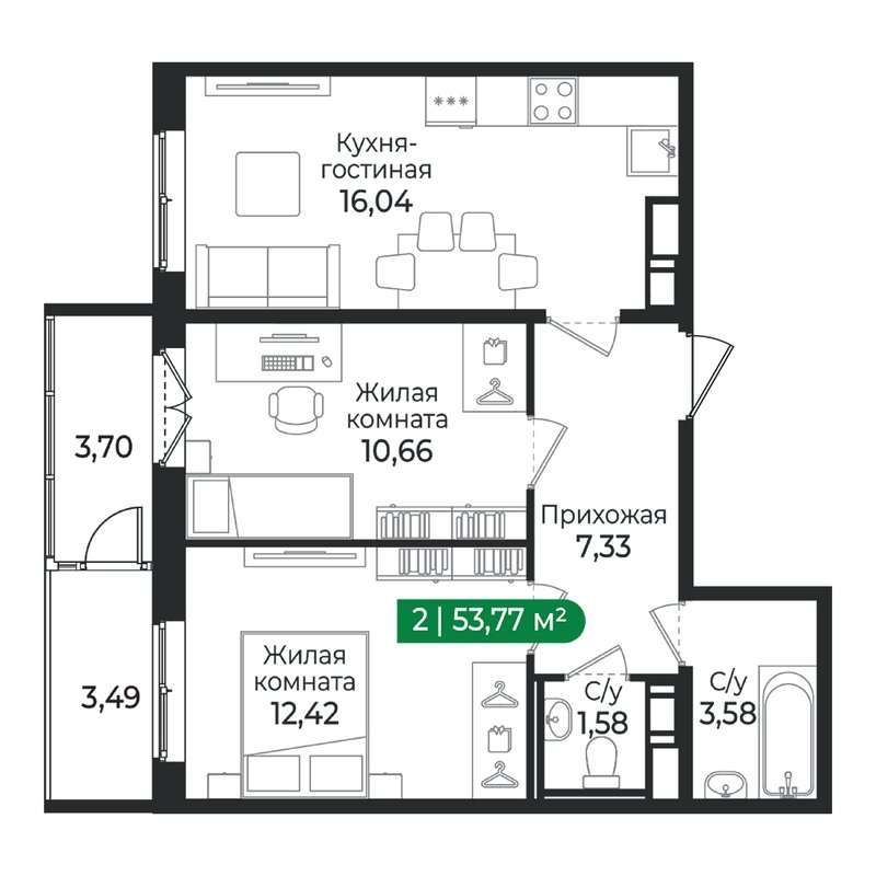 3-комнатная (Евро) квартира, 53.77 м² в ЖК "Сертолово Парк" - планировка, фото №1