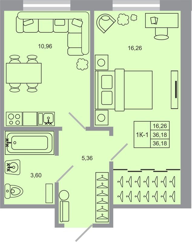 1-комнатная квартира, 36.18 м² в ЖК "Стороны света-2" - планировка, фото №1