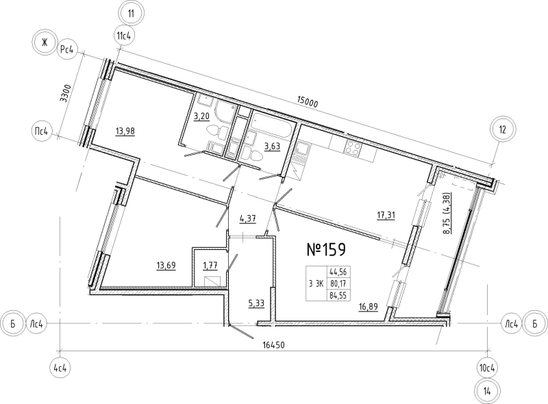 4-комнатная (Евро) квартира, 84.55 м² в ЖК "N8" - планировка, фото №1