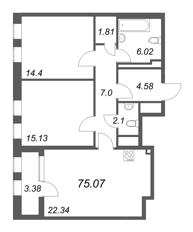 2-комнатная квартира, 75.07 м² - планировка, фото №1