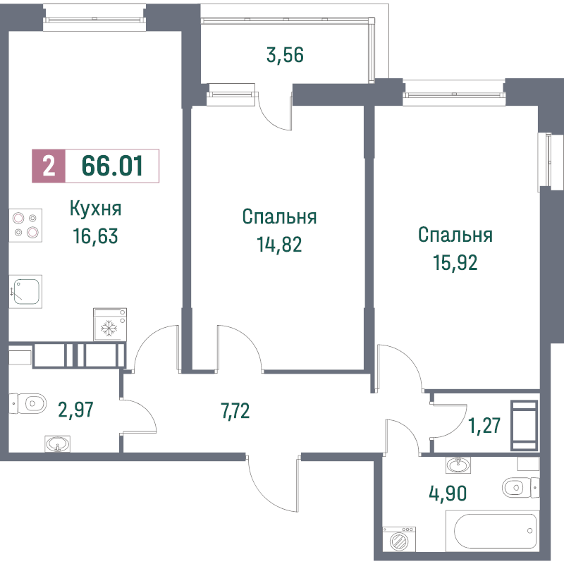 3-комнатная (Евро) квартира, 66.01 м² - планировка, фото №1