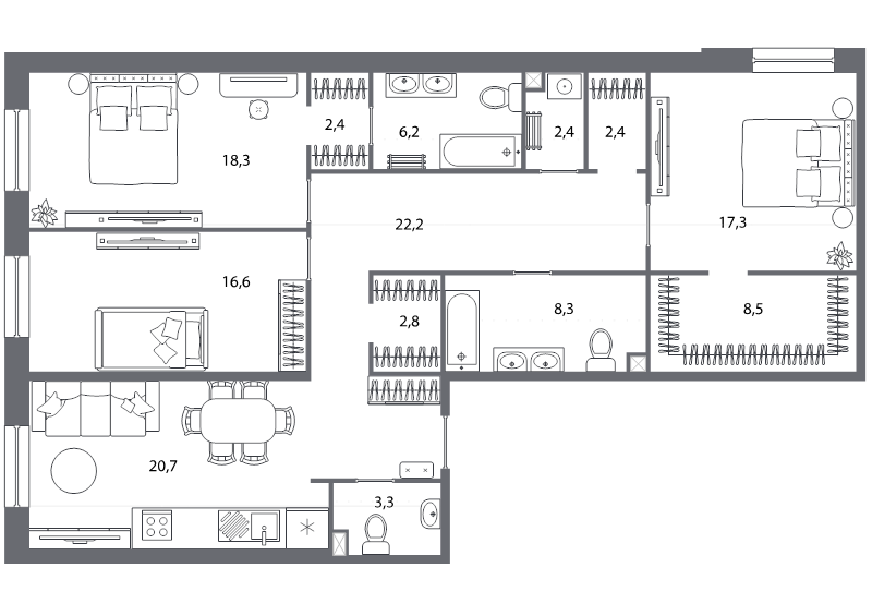 4-комнатная (Евро) квартира, 131.4 м² в ЖК "Северная корона" - планировка, фото №1