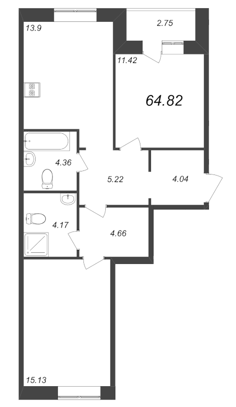 2-комнатная квартира, 64.82 м² - планировка, фото №1