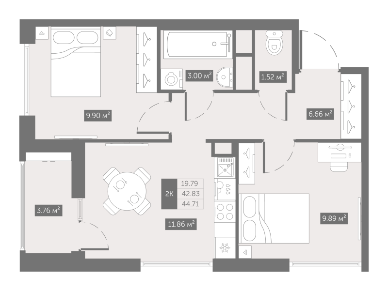 2-комнатная квартира, 44.71 м² в ЖК "UP-квартал Новый Московский" - планировка, фото №1