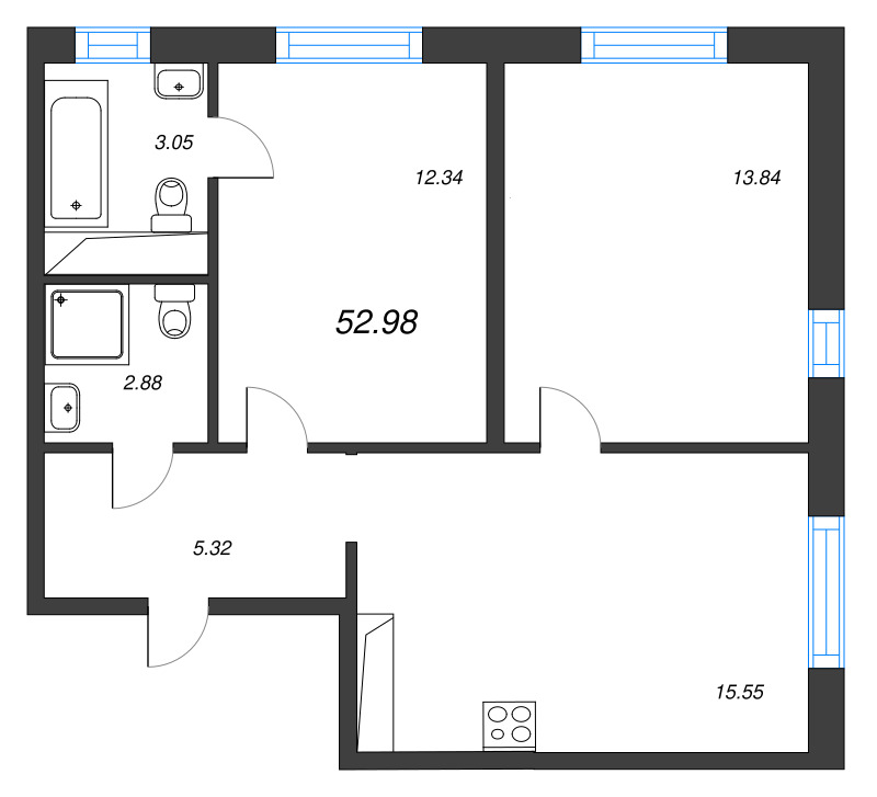 3-комнатная (Евро) квартира, 52.98 м² в ЖК "Окла" - планировка, фото №1