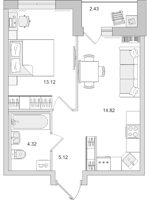 1-комнатная квартира, 39.81 м² в ЖК "Город Первых" - планировка, фото №1