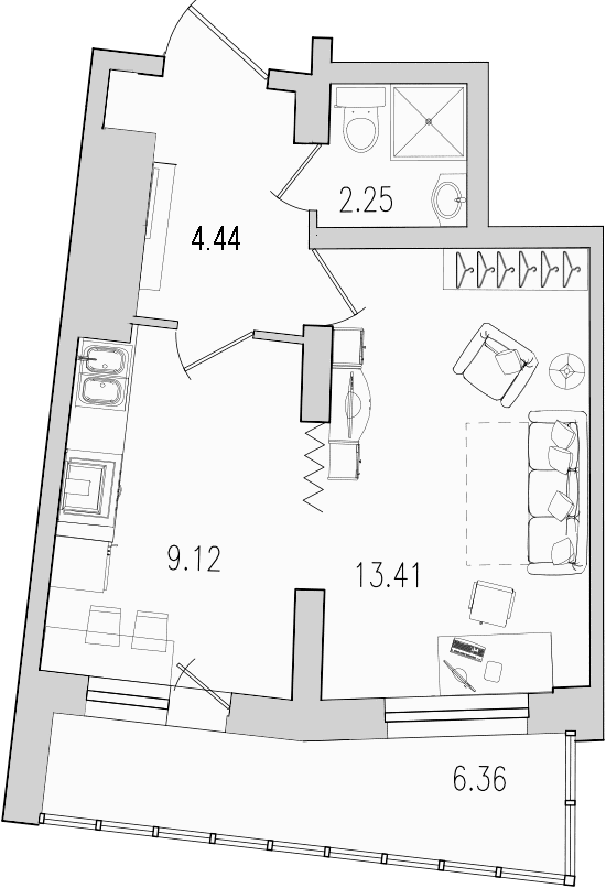 1-комнатная квартира, 36 м² - планировка, фото №1
