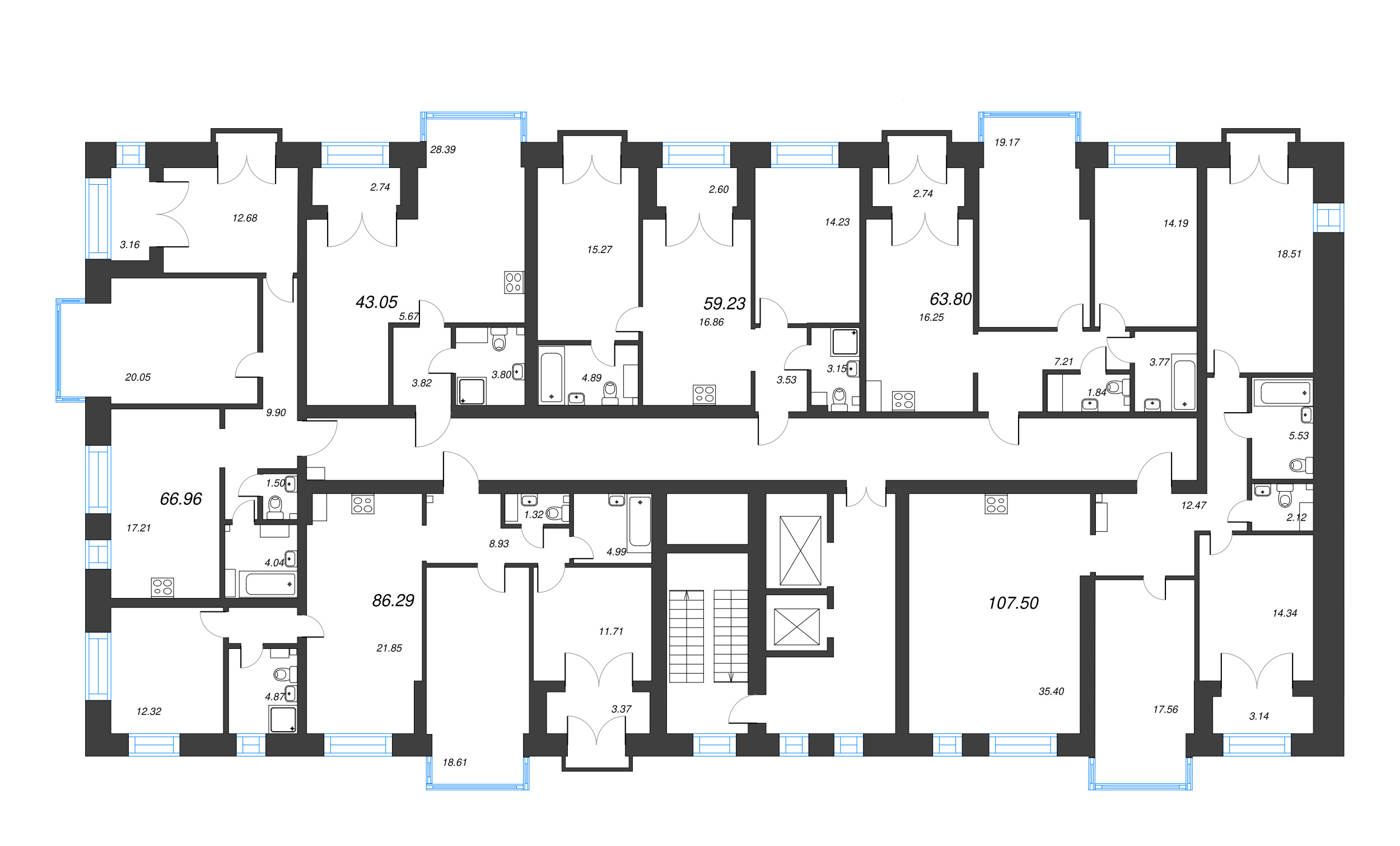 1-комнатная квартира, 43.05 м² в ЖК "Наука" - планировка этажа