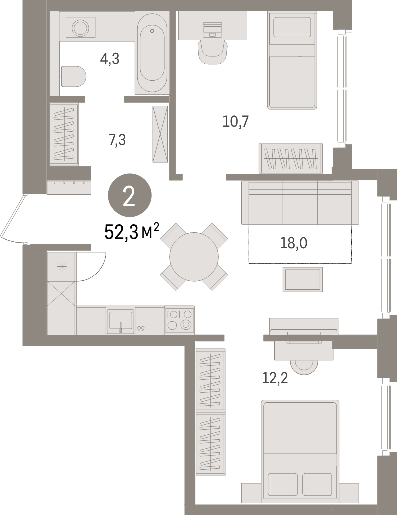 3-комнатная (Евро) квартира, 52.3 м² - планировка, фото №1