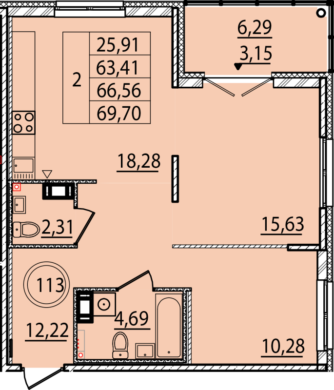 3-комнатная (Евро) квартира, 63.41 м² в ЖК "Образцовый квартал 15" - планировка, фото №1