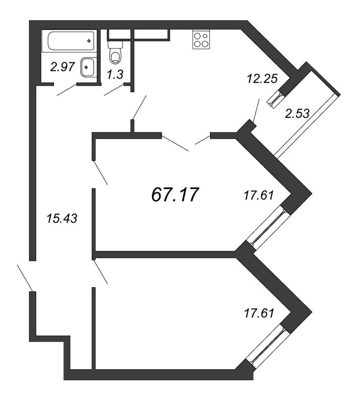 2-комнатная квартира, 67.17 м² в ЖК "Приморский квартал" - планировка, фото №1