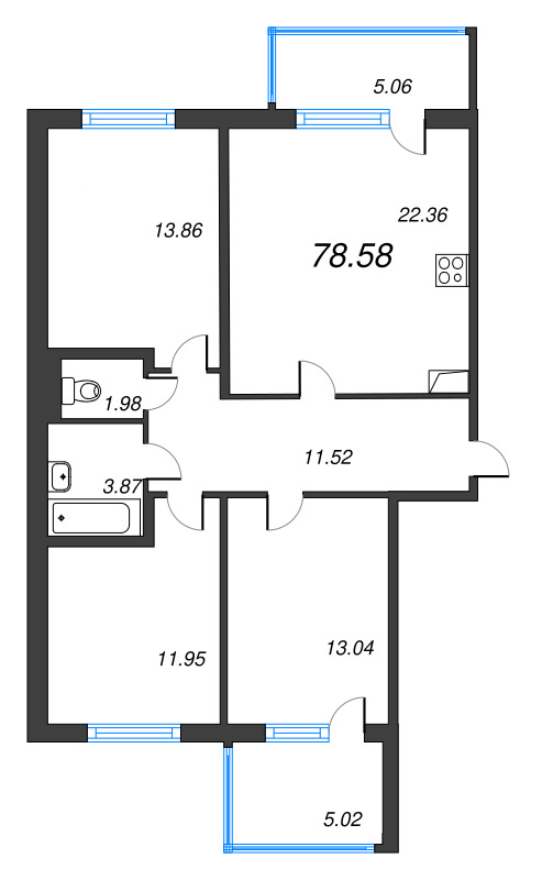 4-комнатная (Евро) квартира, 78.58 м² в ЖК "ЮгТаун" - планировка, фото №1