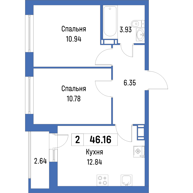 2-комнатная квартира, 46.16 м² в ЖК "Урбанист" - планировка, фото №1