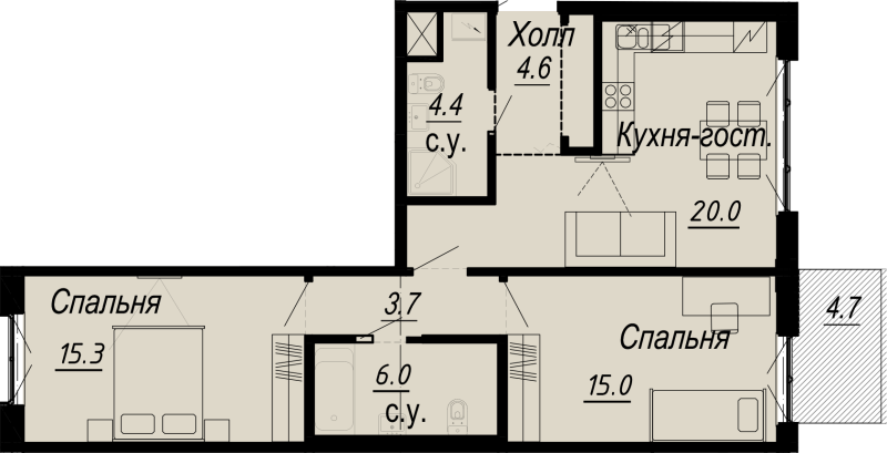 3-комнатная (Евро) квартира, 71.3 м² - планировка, фото №1