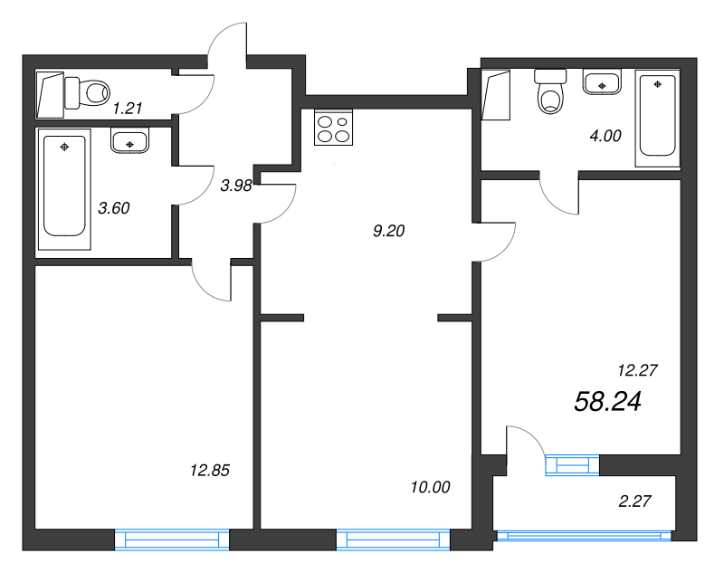 3-комнатная (Евро) квартира, 58.24 м² в ЖК "AEROCITY" - планировка, фото №1