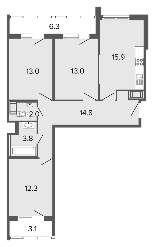 3-комнатная квартира, 74.8 м² в ЖК "Ultra City" - планировка, фото №1