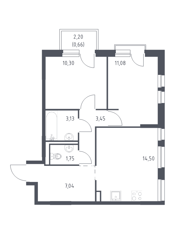 2-комнатная квартира, 51.91 м² в ЖК "Невская Долина" - планировка, фото №1