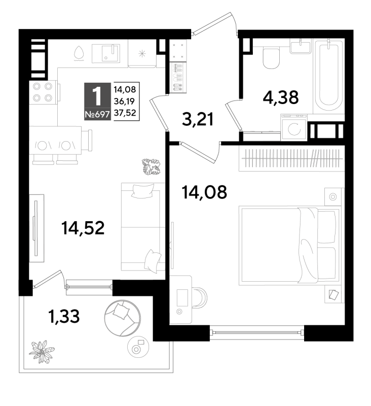 1-комнатная квартира, 37.52 м² в ЖК "Догма Юкки" - планировка, фото №1