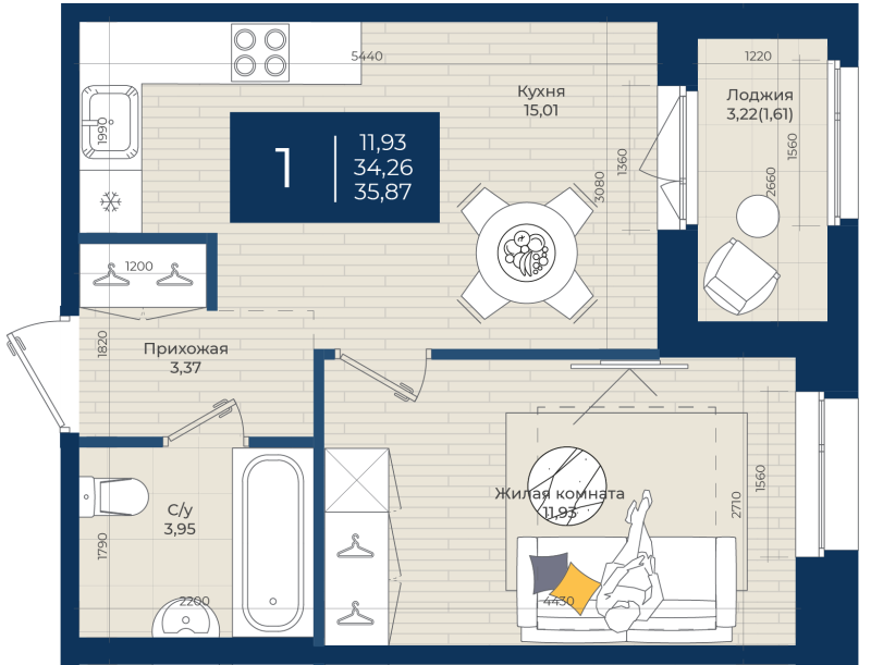 2-комнатная (Евро) квартира, 35.87 м² в ЖК "Новатория" - планировка, фото №1
