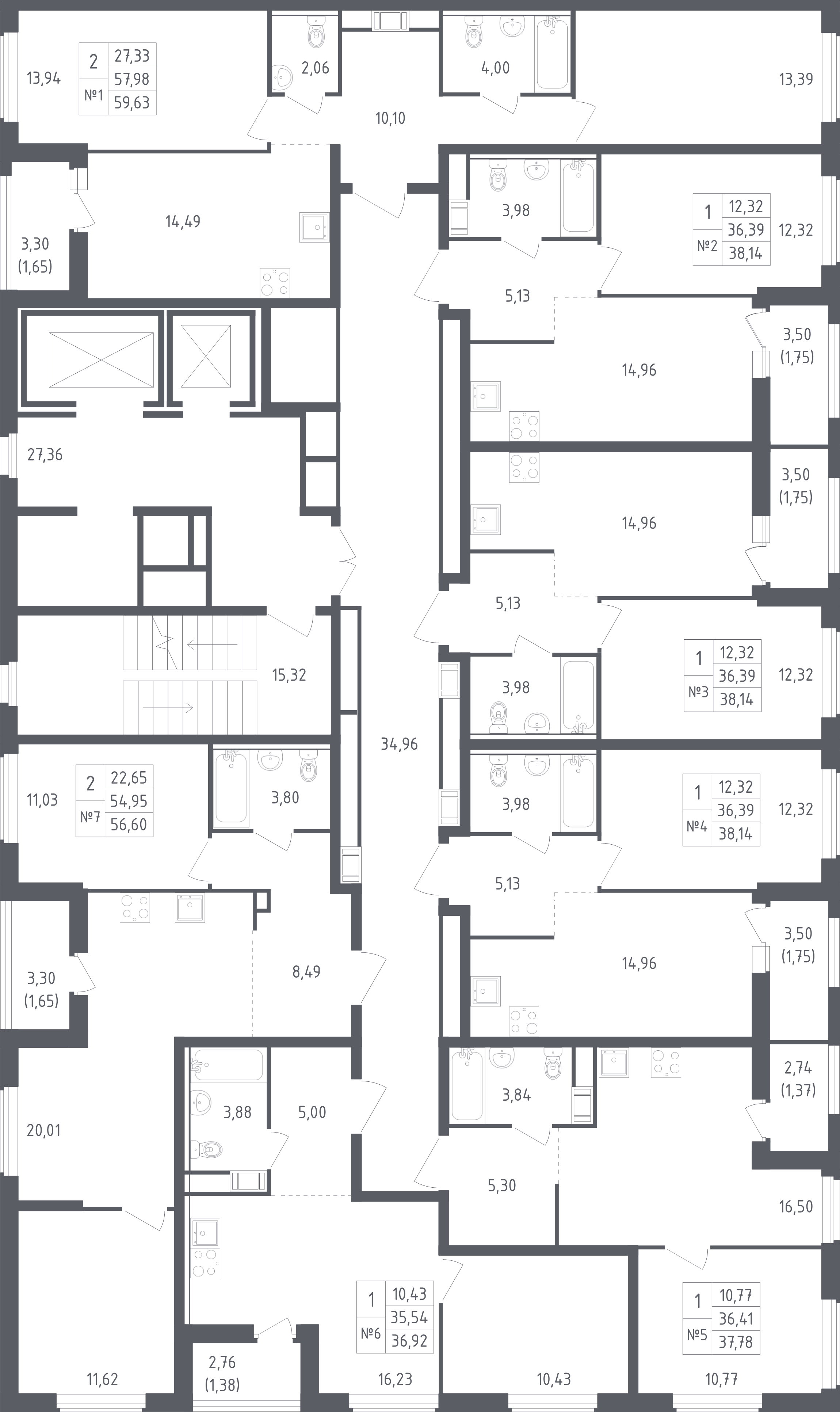 2-комнатная квартира, 59.63 м² - планировка этажа