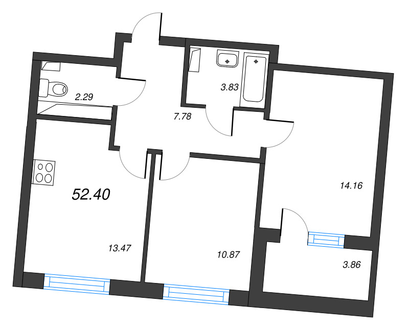 2-комнатная квартира, 54.33 м² в ЖК "Кронфорт. Центральный" - планировка, фото №1