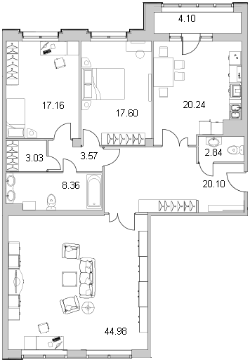 3-комнатная квартира, 140.5 м² - планировка, фото №1