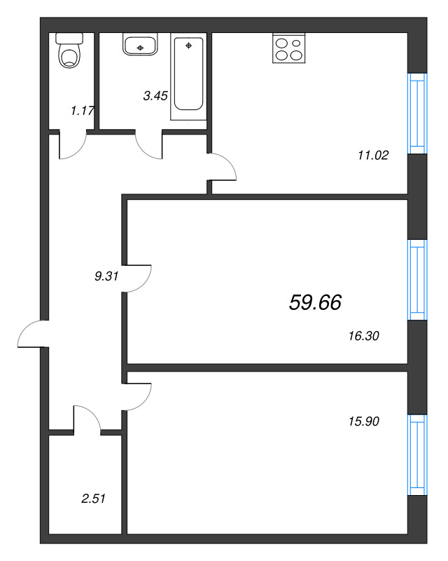 2-комнатная квартира, 59.66 м² - планировка, фото №1