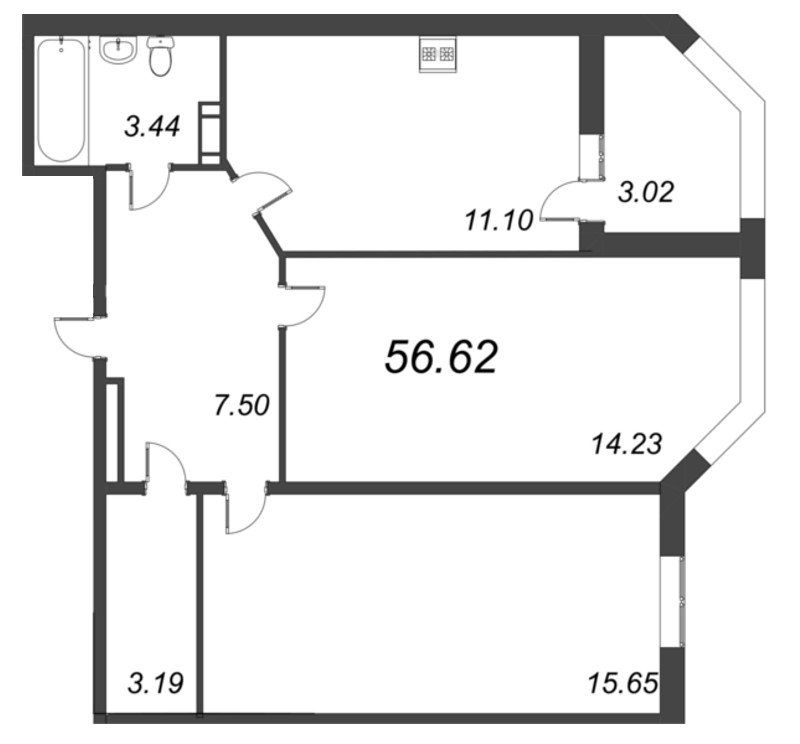 2-комнатная квартира, 56.62 м² - планировка, фото №1