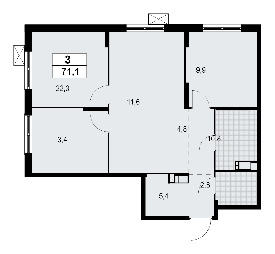 3-комнатная квартира, 71.07 м² - планировка, фото №1