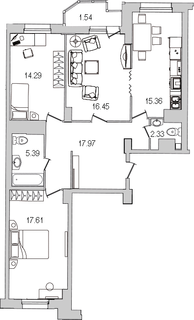 3-комнатная квартира, 91.5 м² - планировка, фото №1