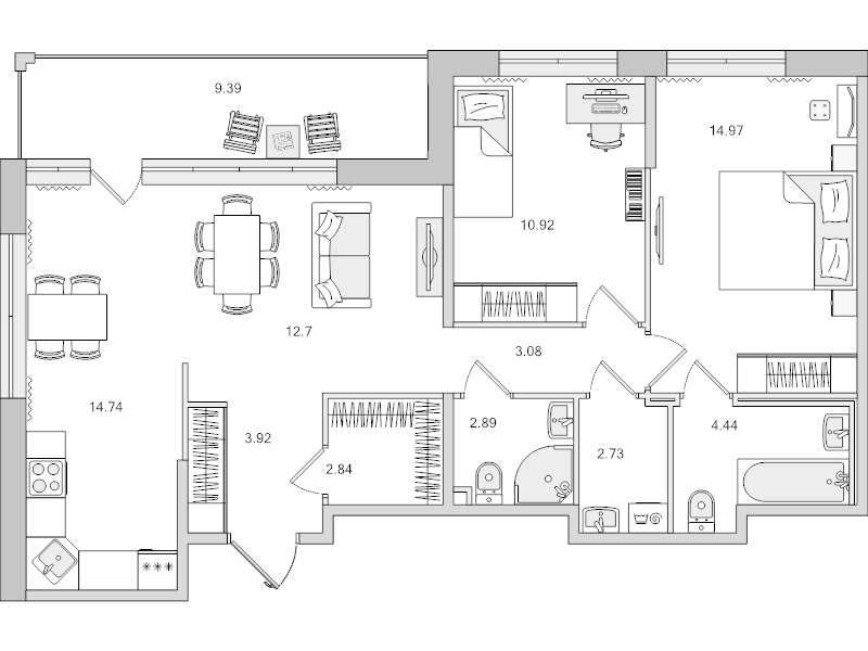 3-комнатная (Евро) квартира, 72.5 м² в ЖК "Dreamline" - планировка, фото №1