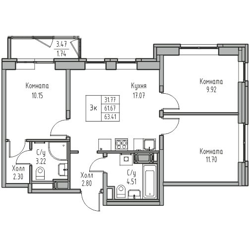 4-комнатная (Евро) квартира, 63.41 м² в ЖК "Юнтолово" - планировка, фото №1