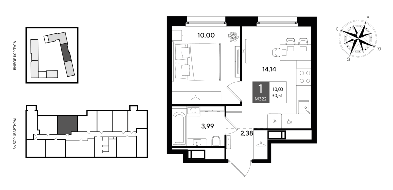 1-комнатная квартира, 30.51 м² в ЖК "Догма Юкки 2" - планировка, фото №1