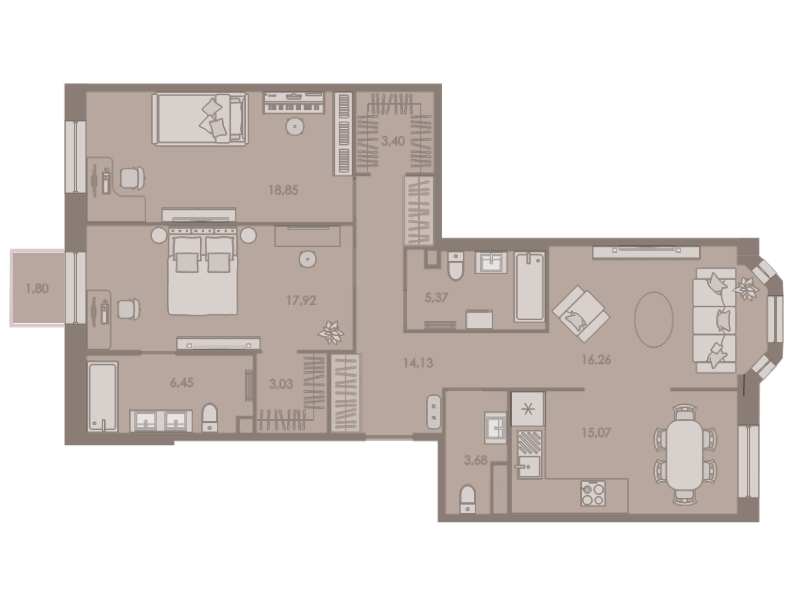 3-комнатная квартира, 105.2 м² - планировка, фото №1