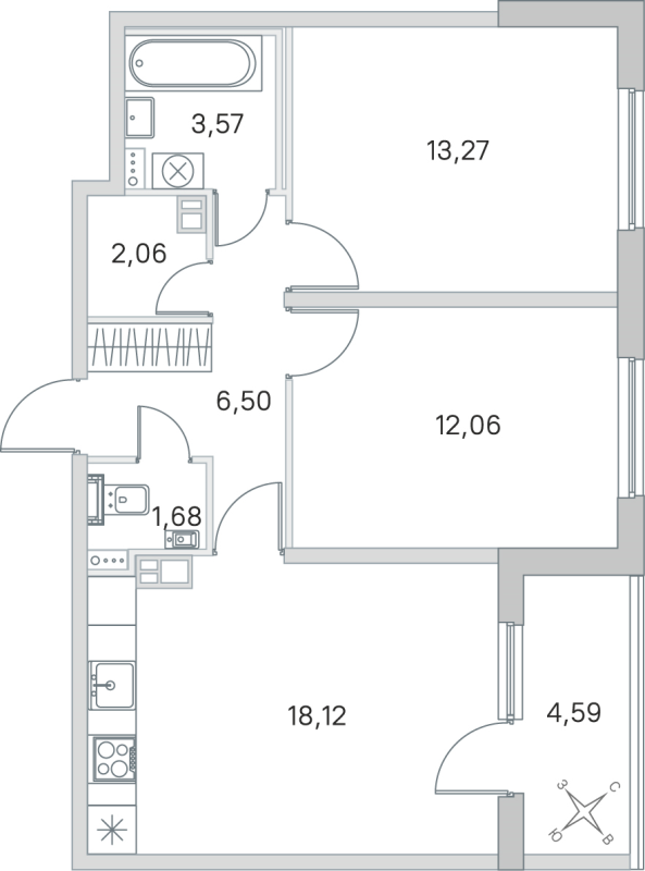 3-комнатная (Евро) квартира, 57.26 м² в ЖК "Любоград" - планировка, фото №1