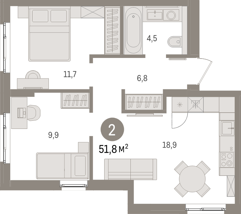 3-комнатная (Евро) квартира, 51.8 м² - планировка, фото №1