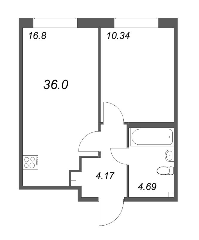 2-комнатная (Евро) квартира, 36 м² - планировка, фото №1