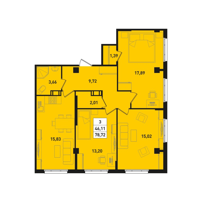 3-комнатная квартира, 78.72 м² в ЖК "Ромашки" - планировка, фото №1