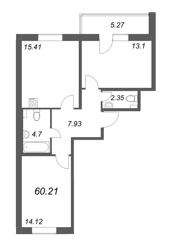 3-комнатная (Евро) квартира, 60.21 м² - планировка, фото №1