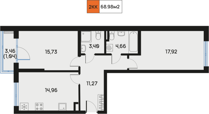 3-комнатная (Евро) квартира, 69.06 м² - планировка, фото №1