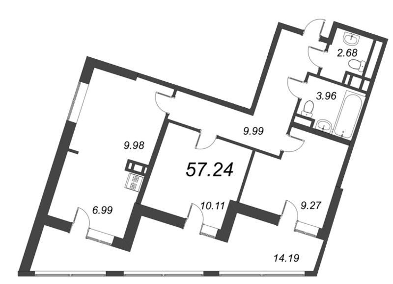 3-комнатная (Евро) квартира, 56.1 м² в ЖК "Курортный Квартал" - планировка, фото №1