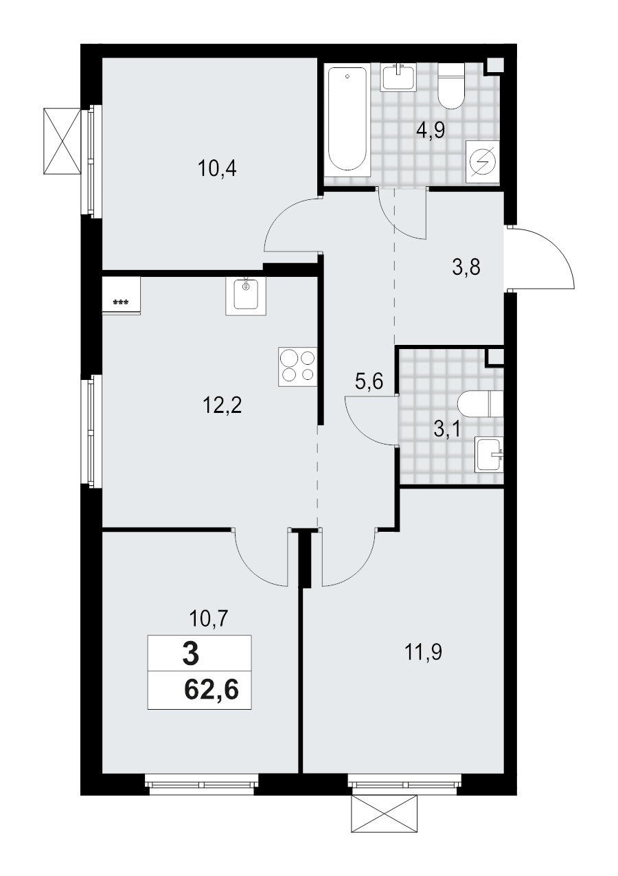 3-комнатная квартира, 62.6 м² - планировка, фото №1