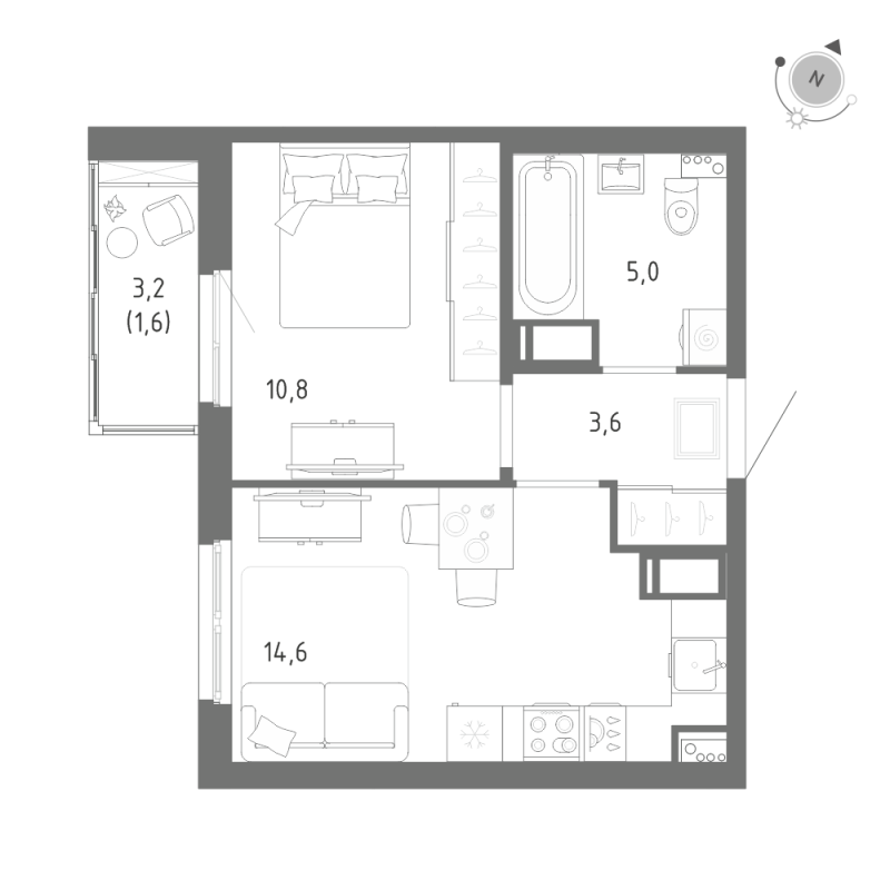 1-комнатная квартира, 35.6 м² - планировка, фото №1