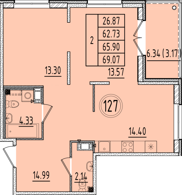 2-комнатная квартира, 62.73 м² в ЖК "Образцовый квартал 6.4" - планировка, фото №1