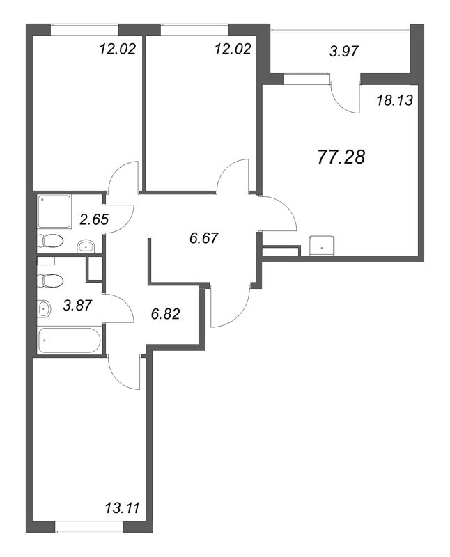 4-комнатная (Евро) квартира, 77.28 м² в ЖК "Расцветай в Янино" - планировка, фото №1