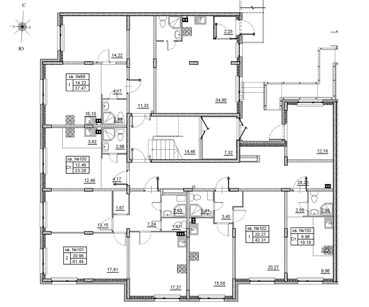 2-комнатная (Евро) квартира, 37.47 м² в ЖК "Верево-сити" - планировка этажа