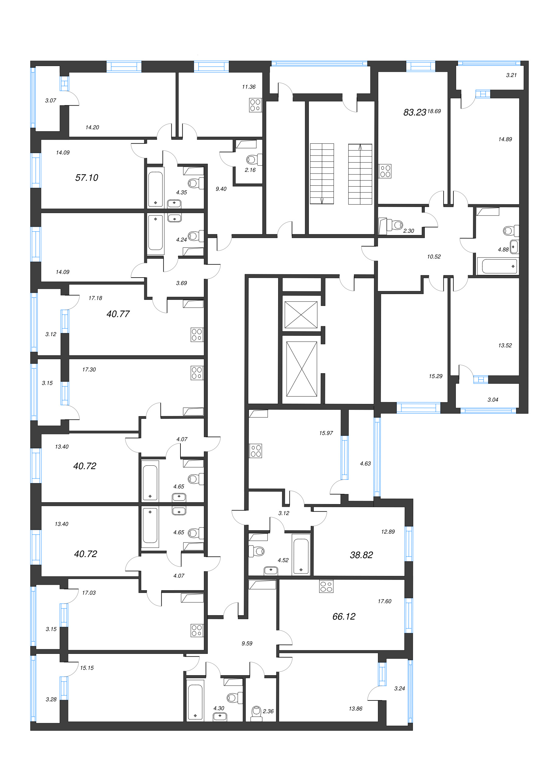 2-комнатная (Евро) квартира, 38.96 м² - планировка этажа