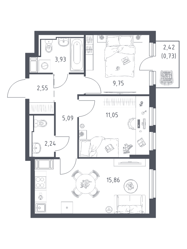 3-комнатная (Евро) квартира, 51.2 м² в ЖК "Новое Колпино" - планировка, фото №1