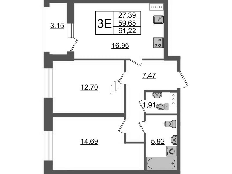 2-комнатная квартира, 61.22 м² - планировка, фото №1